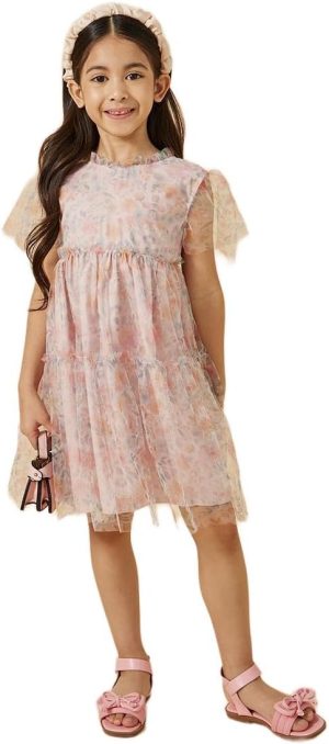Styli Girls Floral Print Mesh Tiered Dress