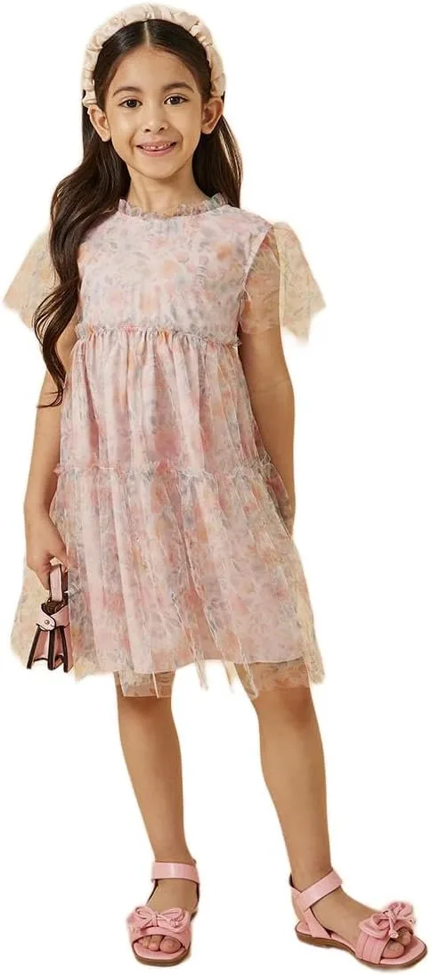 Styli Girls Floral Print Mesh Tiered Dress