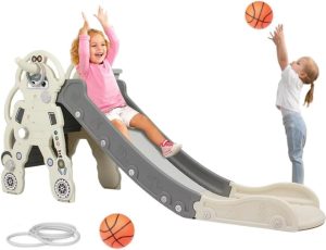 DMG Kids Slide, Indoor Outdoor Kids with Basketball Hoop Garden Slide, Toddlers Climber Freestanding Slides, for Age 1-6 Play Slide Children