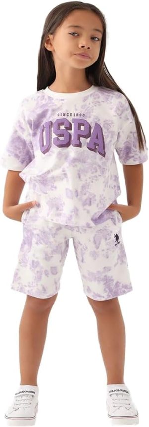 U.S. POLO ASSN. Girls Beige-Lavender Bermuda Set