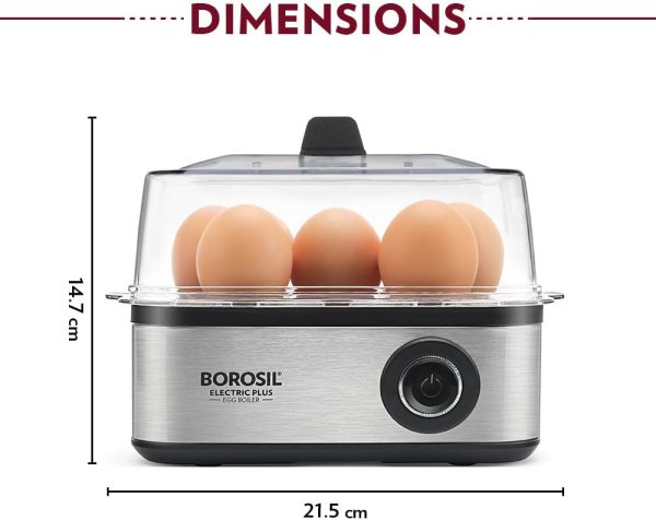⁦Borosil Electric Plus Egg Boiler with Poaching Tray, Boil Upto 8 Eggs At A Time, For Hard, Soft, Medium Boiled Eggs, Steamed Vegetables, Transparent Lid, Stainless Steel Exterior⁩ - الصورة ⁦3⁩
