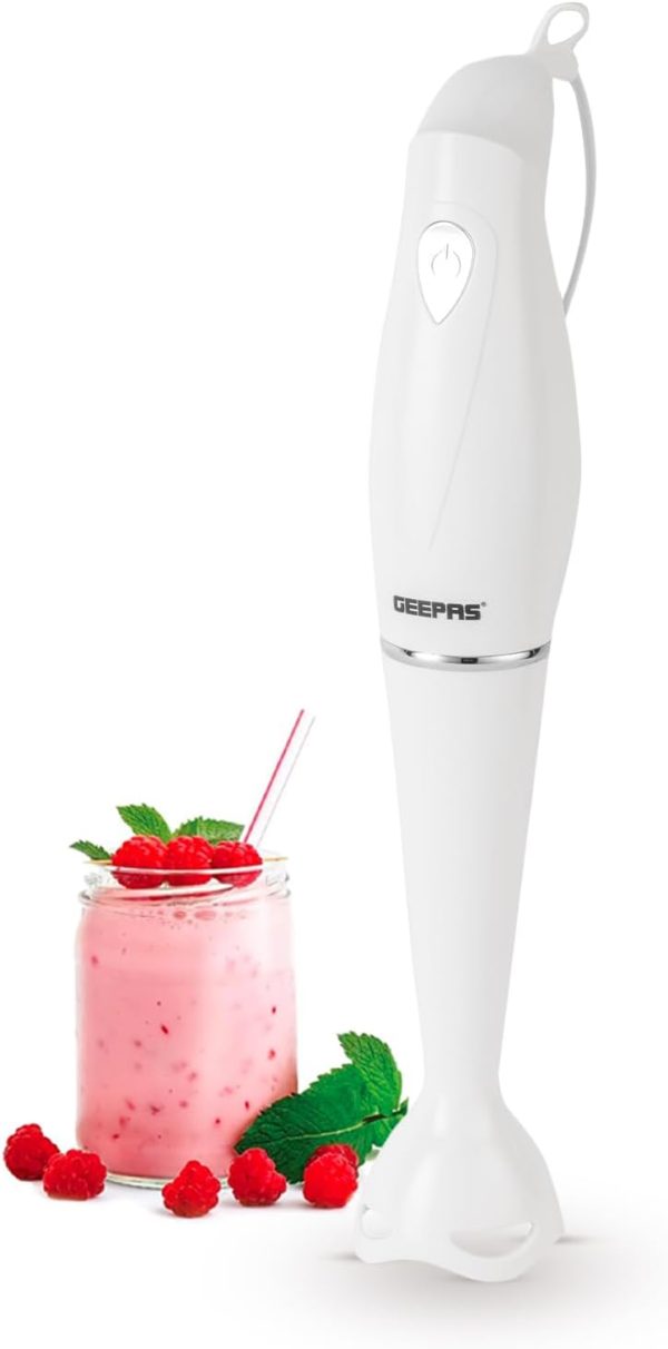 Geepas 200W Hand Blender Food Collection Immersion Ideal For Smoothies, Shakes, Baby Food, Soup, Grinding Ingredients, Vegetables & Fruits, White/Grey GHB5467