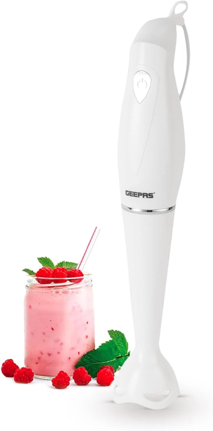Geepas 200W Hand Blender Food Collection Immersion Ideal For Smoothies, Shakes, Baby Food, Soup, Grinding Ingredients, Vegetables & Fruits, White/Grey GHB5467