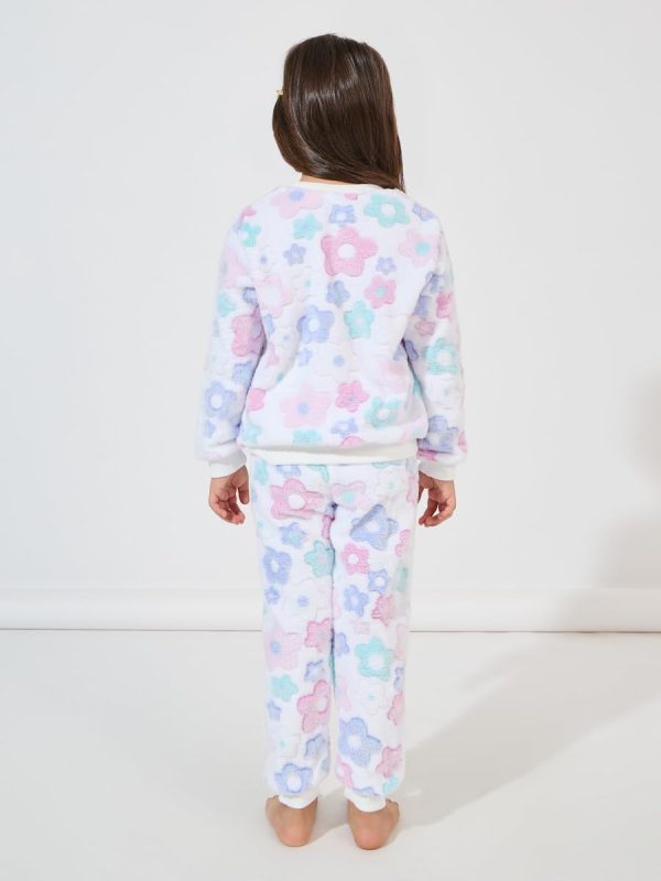 ⁦STYLI Girls Floral Pattern Fleece Sweatshirt & Joggers Set⁩ - الصورة ⁦5⁩