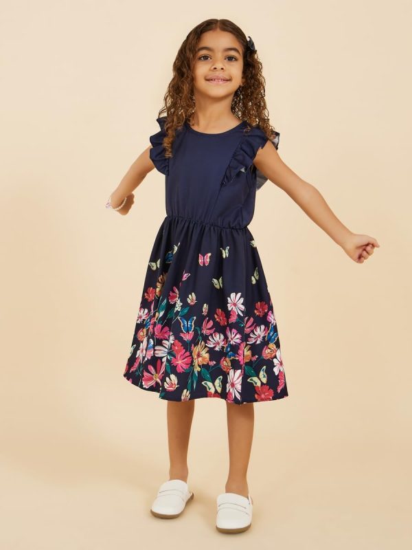 ⁦Styli Girls Placement Print Ruffled Sleeve Dress⁩ - الصورة ⁦2⁩