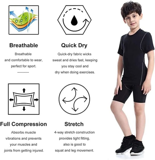 ⁦AUTOYSUR Boys Compression Shirts Short Sleeve and Athletic Running Shorts Set, Athletic Compression Tops, Quick Dry Workout Sets for Boy⁩ - الصورة ⁦3⁩