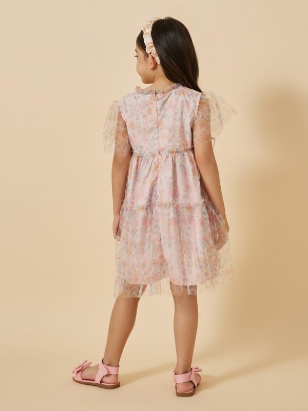 ⁦Styli Girls Floral Print Mesh Tiered Dress⁩ - الصورة ⁦5⁩