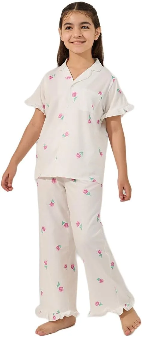 Styli Girls Floral Printed Button Front Pyjama Set