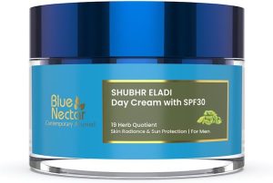Blue Nectar SPF 30 Brightening Day Cream for Men Daily Use with Plant Based Actives | Eladi & Kumkumadi Cream for Sun Protection & Skin Brightening (16 Herbs, 50g)