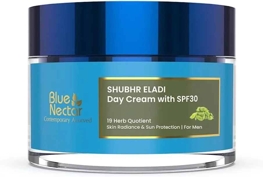 Blue Nectar SPF 30 Brightening Day Cream for Men Daily Use with Plant Based Actives | Eladi & Kumkumadi Cream for Sun Protection & Skin Brightening (16 Herbs, 50g)