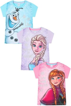 Disney Frozen 3 Pack Girls T-Shirts Elsa, Anna, Olaf Kids Multipack