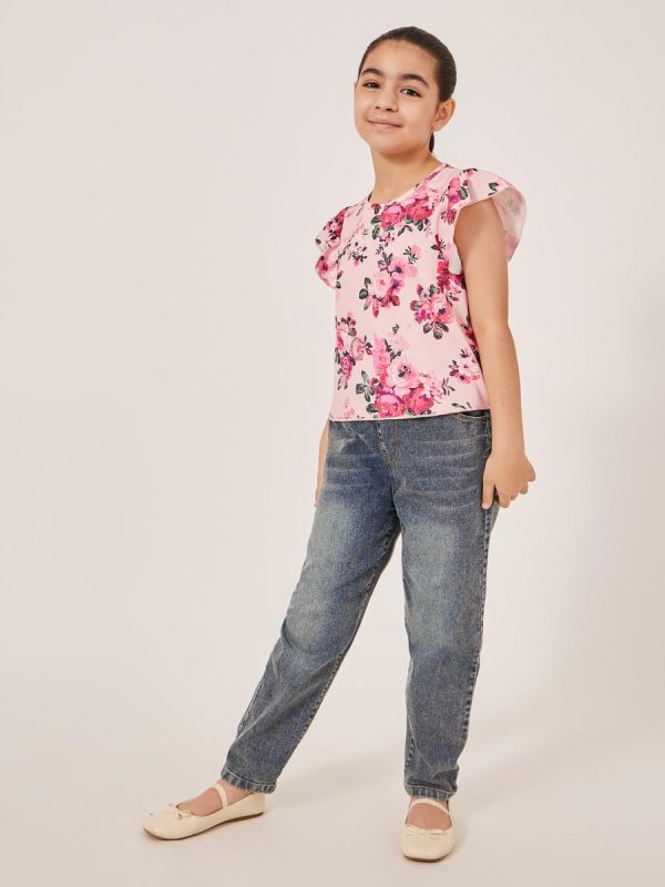 ⁦Styli Girls Floral Printed Ruffled Sleeves Top⁩ - الصورة ⁦3⁩
