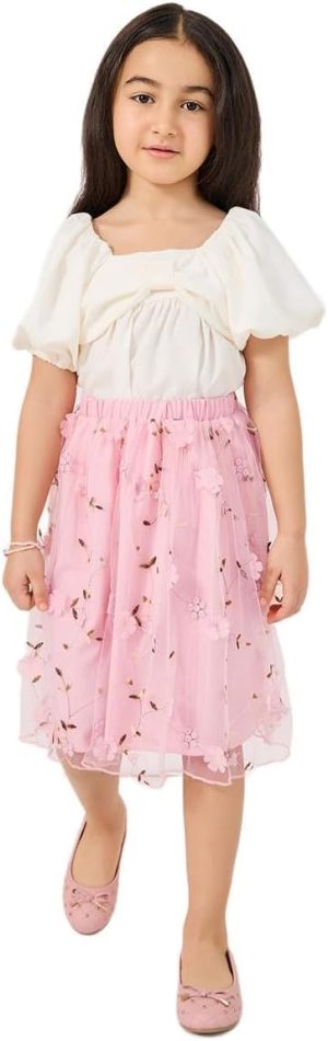 Styli Girls Square Neck Top And Embroidered Mesh Skirt Set