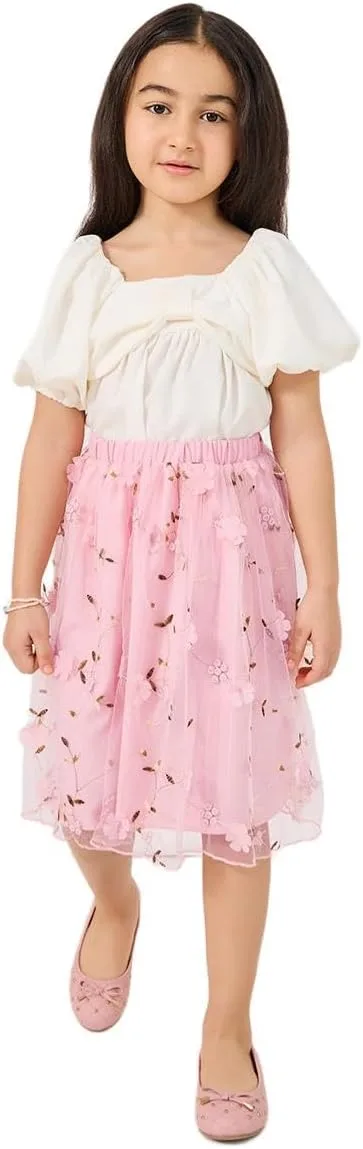 Styli Girls Square Neck Top And Embroidered Mesh Skirt Set