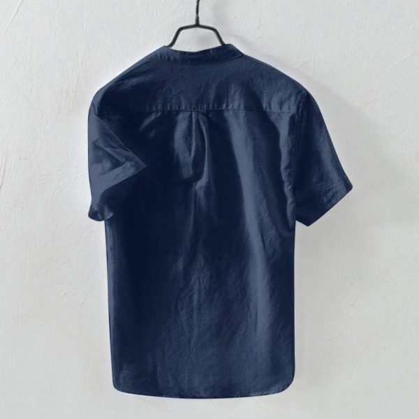 ⁦Fankle Mens Button Down Shirts Casual Short Sleeve Linen Tops Cotton Lightweight Tees Plain Henley Shirts Banded Collar, Navy, XL⁩ - الصورة ⁦3⁩