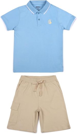Deniklo Boys' Polo T-Shirt & Shorts Set 100% Cotton Bio-Washed Fabric