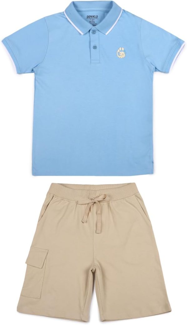 Deniklo Boys' Polo T-Shirt & Shorts Set 100% Cotton Bio-Washed Fabric