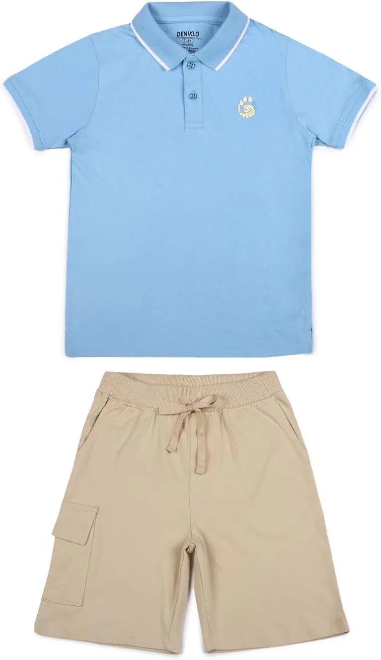 Deniklo Boys' Polo T-Shirt & Shorts Set 100% Cotton Bio-Washed Fabric