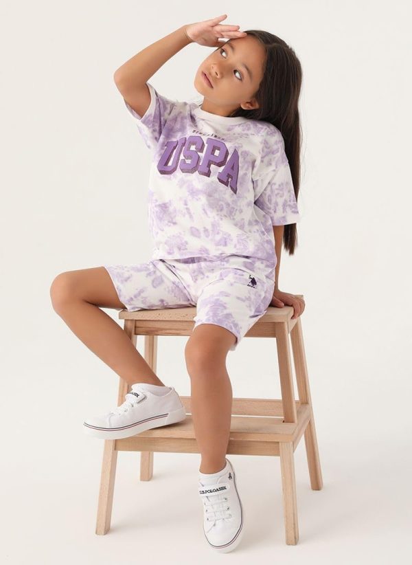⁦U.S. POLO ASSN. Girls Beige-Lavender Bermuda Set⁩ - الصورة ⁦3⁩
