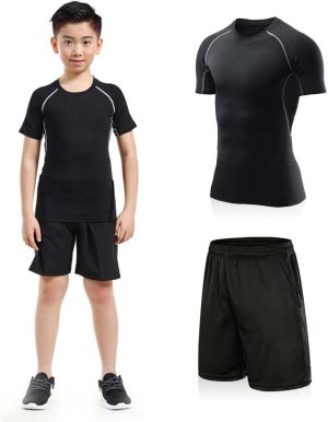 AUTOYSUR Boys Compression Shirts Short Sleeve and Athletic Running Shorts Set, Athletic Compression Tops, Quick Dry Workout Sets for Boy