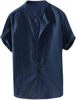 Fankle Mens Button Down Shirts Casual Short Sleeve Linen Tops Cotton Lightweight Tees Plain Henley Shirts Banded Collar, Navy, XL