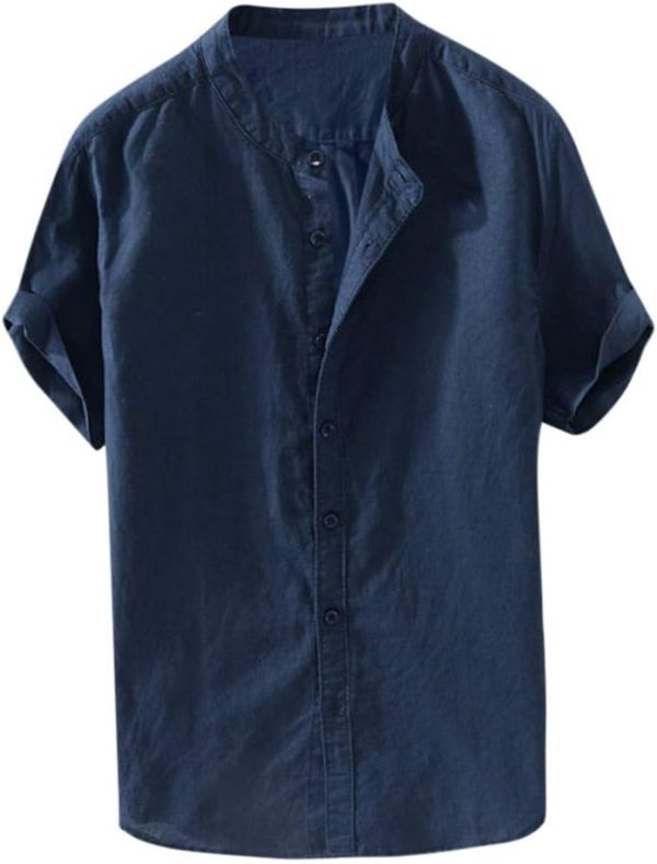 Fankle Mens Button Down Shirts Casual Short Sleeve Linen Tops Cotton Lightweight Tees Plain Henley Shirts Banded Collar, Navy, XL