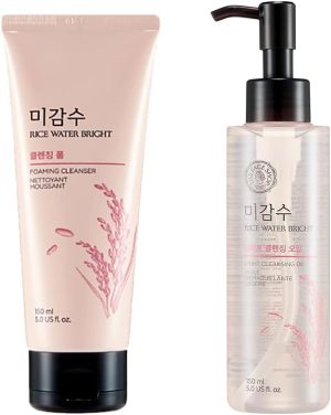 The Face Shop Rice Water Bright Double Cleanser Set – Light Cleansing Oil (150ml) & Foaming Face Wash (150ml) | Korean Skincare with Rice Extract | Removes Makeup, Deep Cleanses, Brightens & Hydrates
