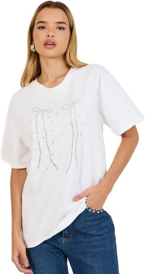 Styli Women Oversized Bow Print Longline T-Shirtâ€‹