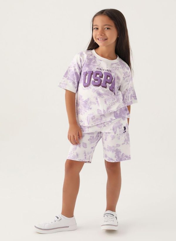 ⁦U.S. POLO ASSN. Girls Beige-Lavender Bermuda Set⁩ - الصورة ⁦4⁩