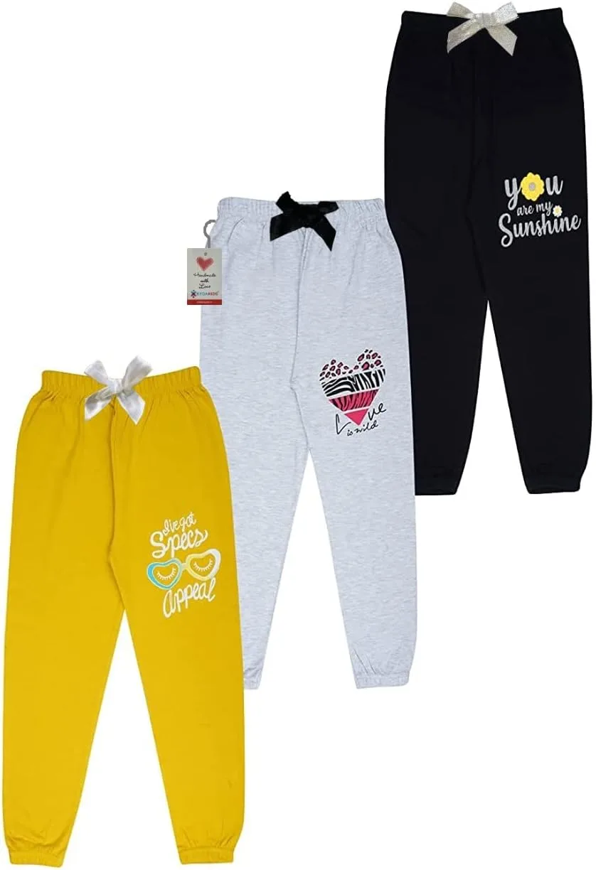 KYDA KIDS® 100% Girls Cotton Printed Track Pants (Pack of 3)