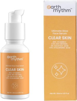 Earth Rhythm 20% Vitamin C Serum for Glowing & Clear skin with Hyaluronic & Salicylic Acid| Hydrates Moisturizes & Brightens | Suitable for Oily Sensitive & Acne Prone Skin| Men & Women - 30ml