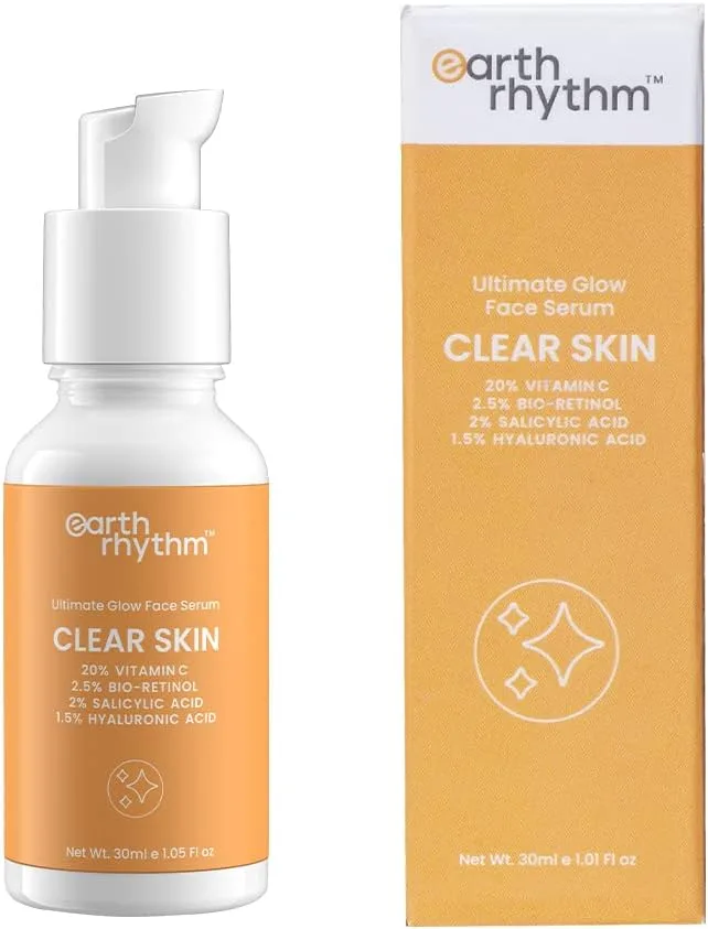 Earth Rhythm 20% Vitamin C Serum for Glowing & Clear skin with Hyaluronic & Salicylic Acid| Hydrates Moisturizes & Brightens | Suitable for Oily Sensitive & Acne Prone Skin| Men & Women - 30ml