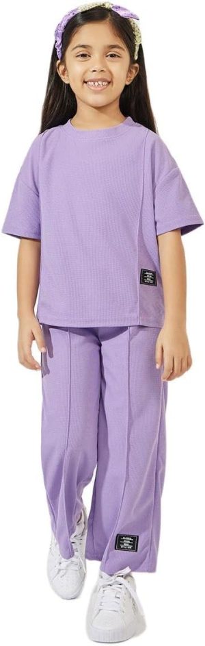 STYLI Girls Oversized Waffle Patch Detail T-Shirt & Wide Leg Pant Set