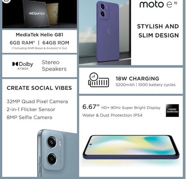 ⁦MOTOROLA E15 4G, 2GB RAM, 64GB ROM, MediaTek Helio G81, 6.67" LCD Display 90Hz, Fresh Lavender⁩ - الصورة ⁦3⁩