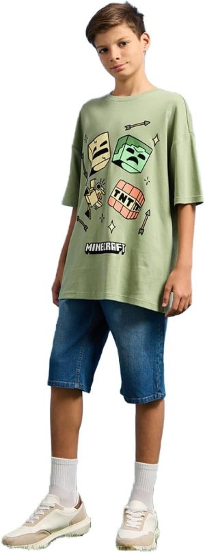 REDTAG Senior Boys Lime Green Oversize Minecraft T-Shirt