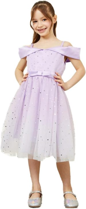 Styli Girls Star Foil Print Cold Shoulder Mesh Insert Skater Dress