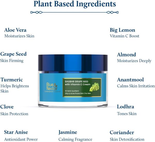 ⁦Blue Nectar Plant Based Vitamin C Face Moisturizer for Oily & Acne Prone Skin with Grapeseed | Oil-Free | Lightweight Cream for Women (11 herbs, 50g)⁩ - الصورة ⁦6⁩