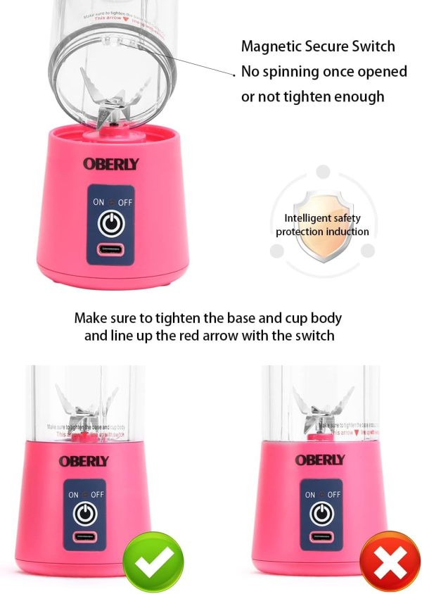 ⁦OBERLY Portable Blender, Smoothie Juicer Cup - Six Blades in 3D, 13oz Fruit Mixing Machine with 2000mAh USB Rechargeable Batteries, Ice Tray, Detachable Cup⁩ - الصورة ⁦5⁩