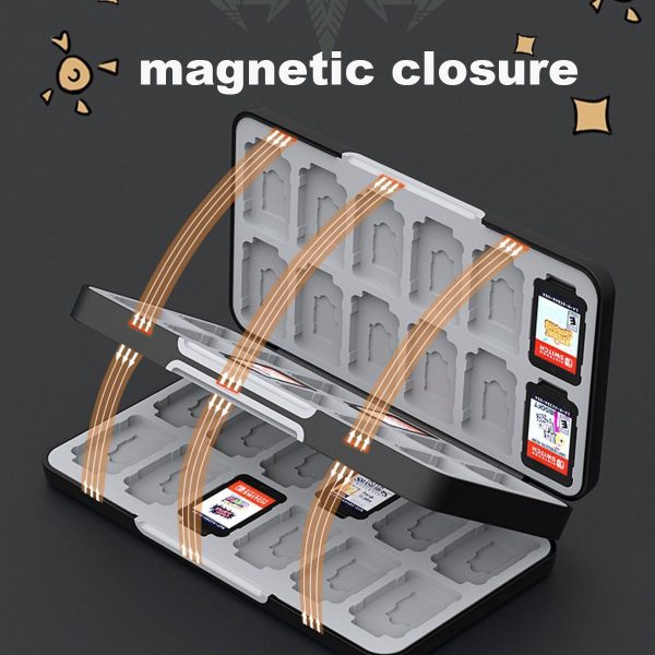 ⁦SWIUKPHE Game Card Case for Switch/SD Cards, Storage 24 Switch Game Cartridges and 24 Micro SD Cards, Portable Holder Pretty Cute Hard Shell with Magenic Closure, Black⁩ - الصورة ⁦2⁩