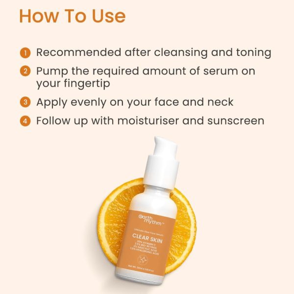 ⁦Earth Rhythm 20% Vitamin C Serum for Glowing & Clear skin with Hyaluronic & Salicylic Acid| Hydrates Moisturizes & Brightens | Suitable for Oily Sensitive & Acne Prone Skin| Men & Women - 30ml⁩ - الصورة ⁦4⁩