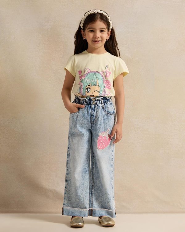 ⁦REDTAG Girls Blue Embellished Wide Leg Jeans⁩ - الصورة ⁦2⁩
