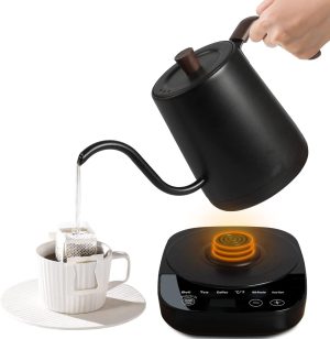 TRASSLE Electric Gooseneck Kettle,Pour-Over Coffee and Tea Kettle Wood Handle, Quick Heating, Precise Temperature Control,Stainless Steel Inner Lid & Bottom, 1000W/0.8L(Black)