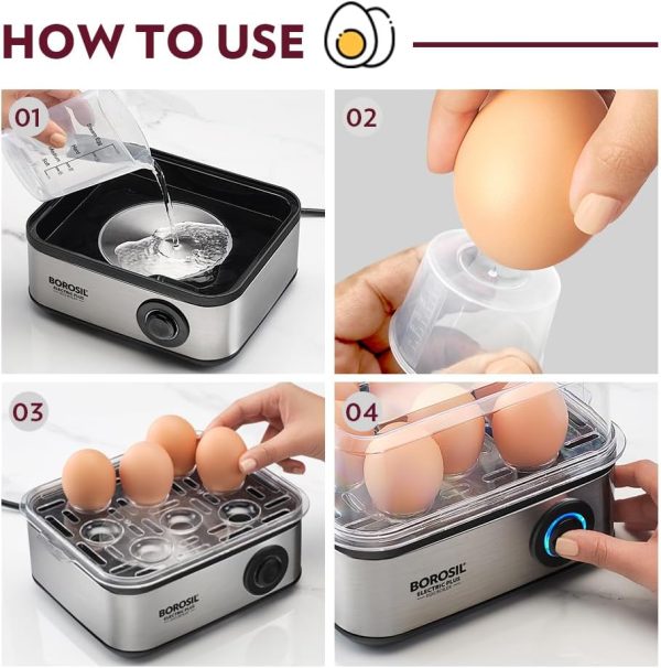 ⁦Borosil Electric Plus Egg Boiler with Poaching Tray, Boil Upto 8 Eggs At A Time, For Hard, Soft, Medium Boiled Eggs, Steamed Vegetables, Transparent Lid, Stainless Steel Exterior⁩ - الصورة ⁦8⁩