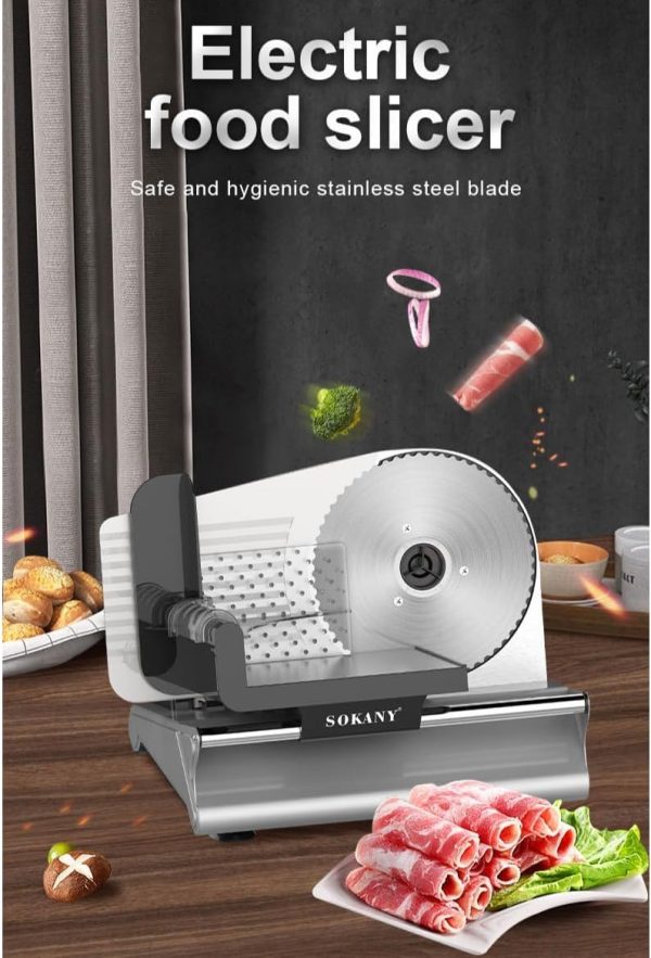 ⁦Electric Slicer and Cutting Machine, Removable Stainless Steel Blade Pusher, Cheese Fruit Vegetable Bread Cutter Adjustable Knob for Thickness Food 500W SK-446 Silver⁩ - الصورة ⁦2⁩