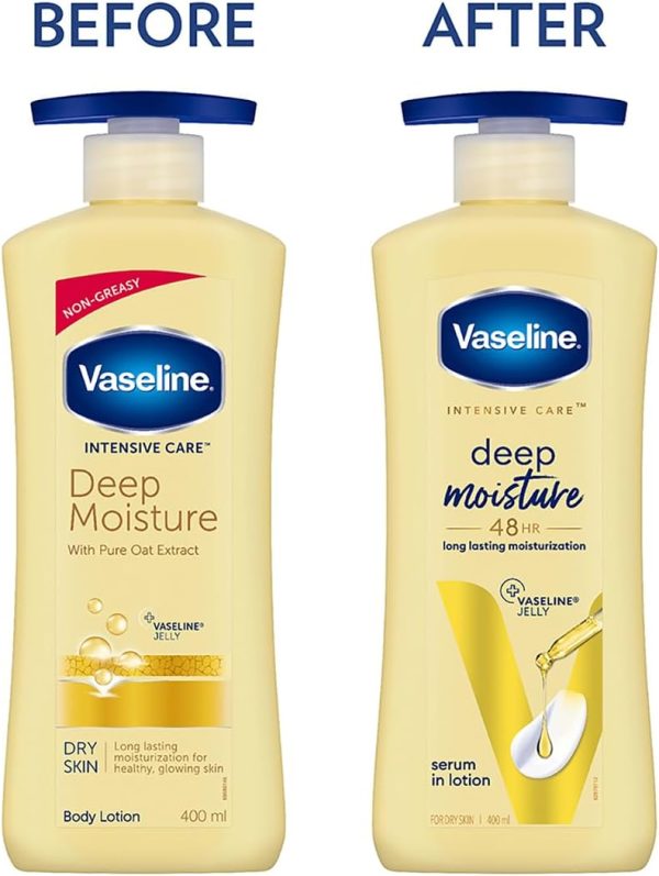 ⁦Vaseline Intensive Care Deep Moisture Nourishing Body Lotion 400 ml, Daily Moisturizer for Dry Skin, Gives Non-Greasy, Glowing Skin - For Men & Women⁩ - الصورة ⁦3⁩