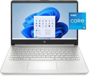 HP 14 Diagonal HD Laptop PC, Intel Core i5-1135G7 Processor, Intel Iris Xᵉ Graphics, 8GB DDR4, 256GB SSD, 802.11ac, Bluetooth 5, HDMI, Windows 11 Home, Natural Silver W/Valinor Accessories