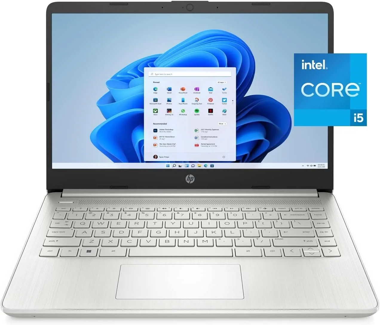 HP 14 Diagonal HD Laptop PC, Intel Core i5-1135G7 Processor, Intel Iris Xᵉ Graphics, 8GB DDR4, 256GB SSD, 802.11ac, Bluetooth 5, HDMI, Windows 11 Home, Natural Silver W/Valinor Accessories