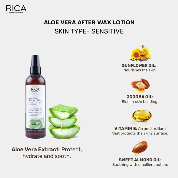 ⁦RICA Unisex Adult Aloe Vera After Wax Lotion for Sensitive Skin with Sun flower Oil, Jojoba Oil & Vitamin E - 250ml⁩ - الصورة ⁦2⁩