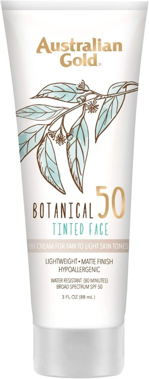 Australian Gold Botanical Sunscreen Tinted Face BB Cream SPF 50, 3 Ounce | Fair-Light | Broad Spectrum | Water Resistant | Vegan | Antioxidant Rich