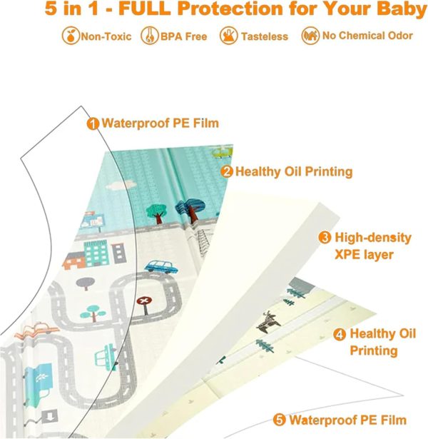 ⁦HI-FINE Foldable Baby Play Mat,Foam Baby Mat for Floor with Storage Bag Waterproof Crawling Mat for Toddlers and Infants,Non Slip Playmat for Babies (200 * 180 * 1.5CM) (Car/Deer)⁩ - الصورة ⁦2⁩